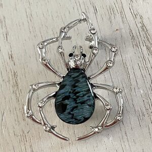 Spider Brooch Blue Black Stone Rhinestone Silver Tone Gothic Insect Pin